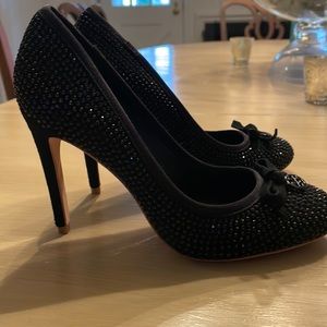 Tory Burch black suede heels with crystals and bow on toe